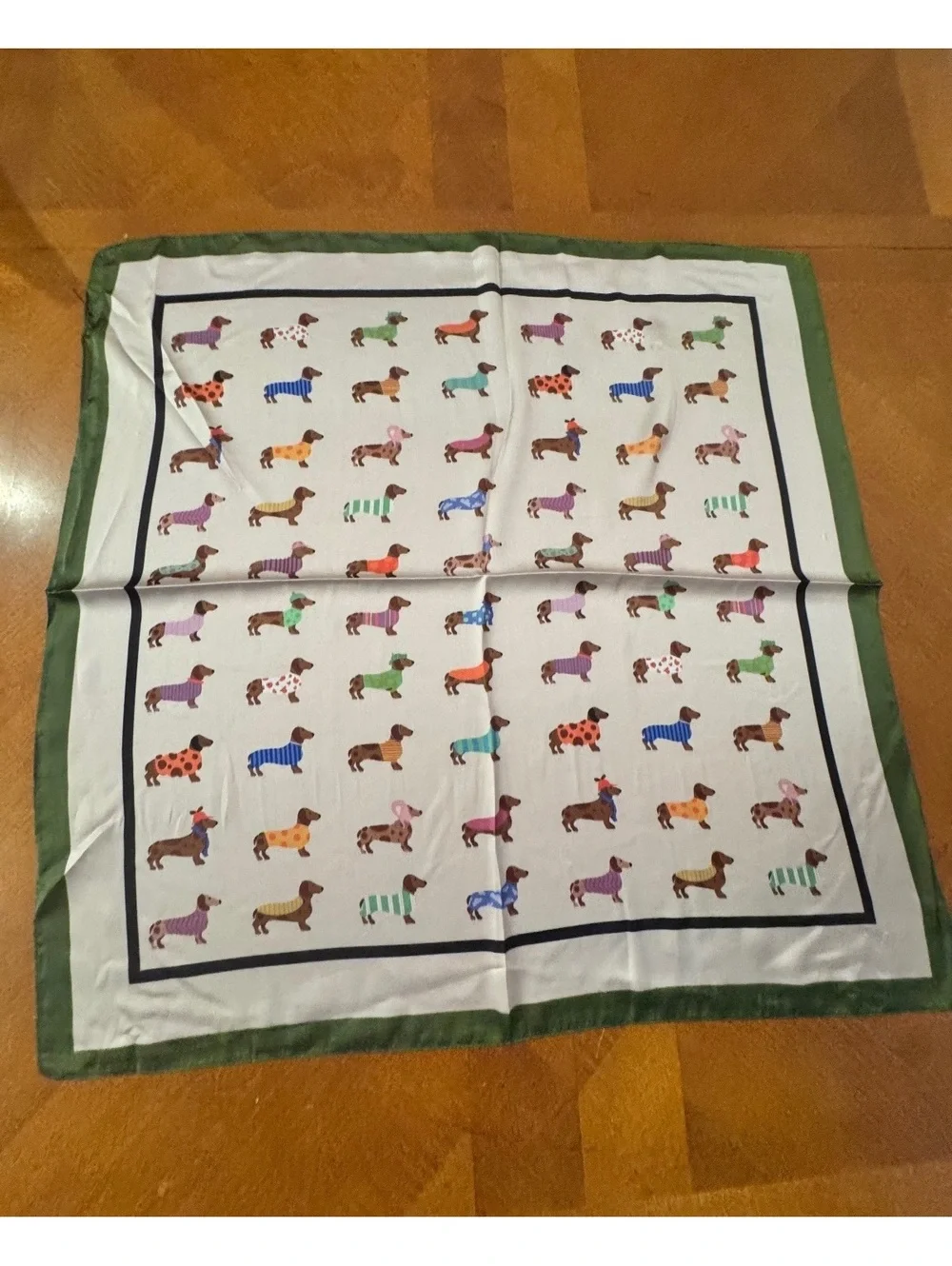 Square Scarf with Colorful Dachshund Dog Print and Green Border 309